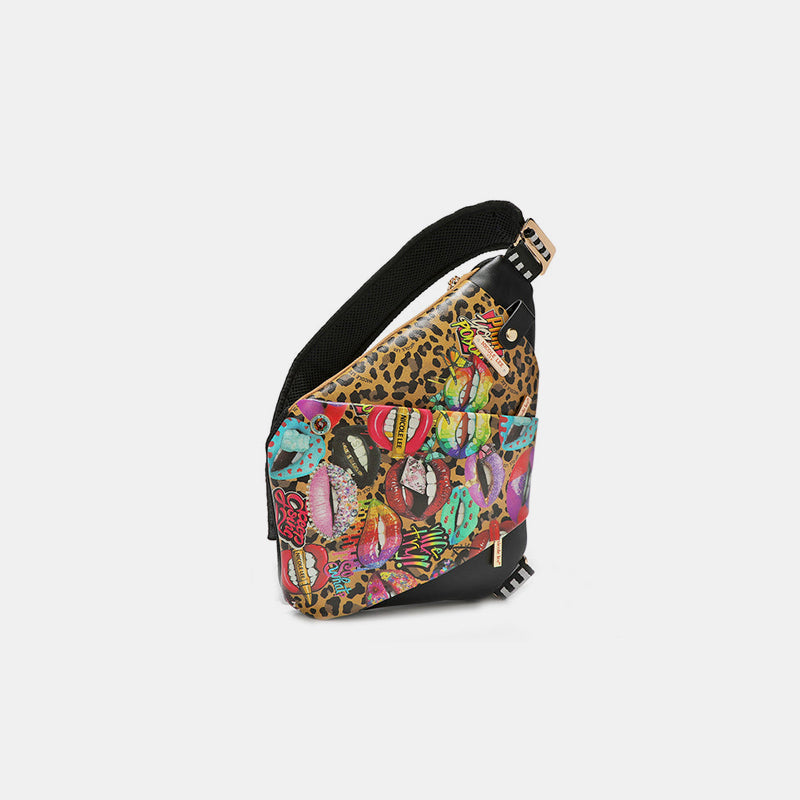 Colorful Kisses-Vegan Leather Leopard & Lip Pattern Crossbody Bag