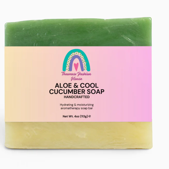 A bar of Theomese Fashion House Aloe & Cool Cucumber soap.