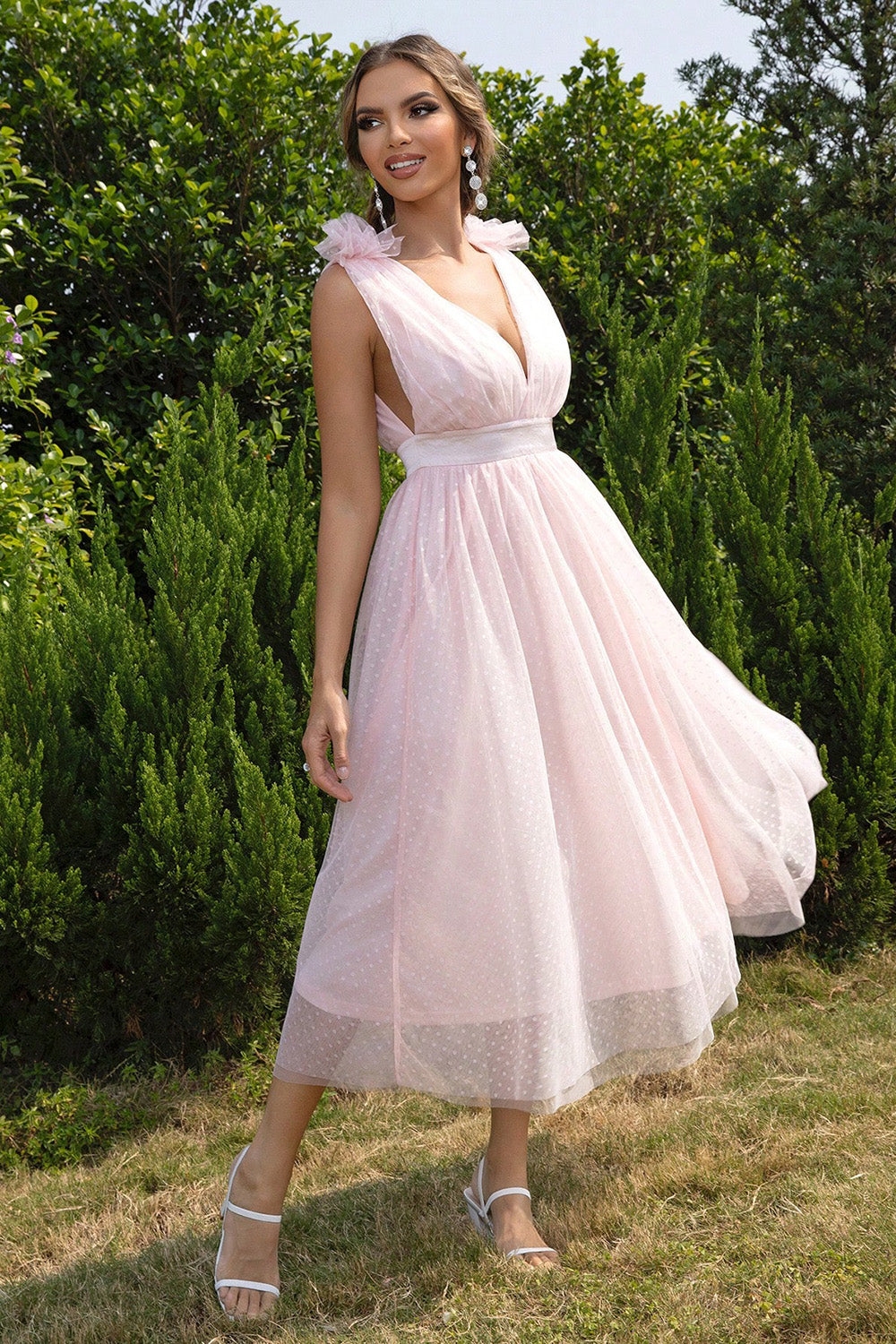 Baby Pink-Tied Ruffle Shoulder Sleeveless Dress