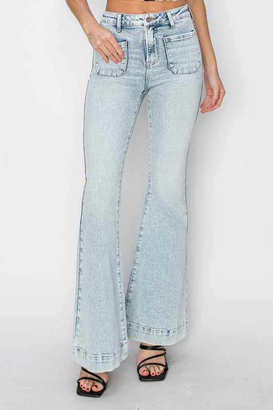 Light Washed- High Rise Front Patch Pocket Flare Jeans