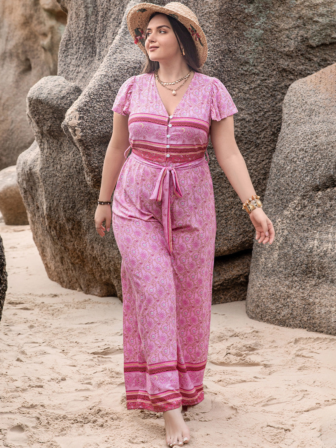 Spring Pink- V Neck Cap Sleeve Wide Leg Jumpsuit