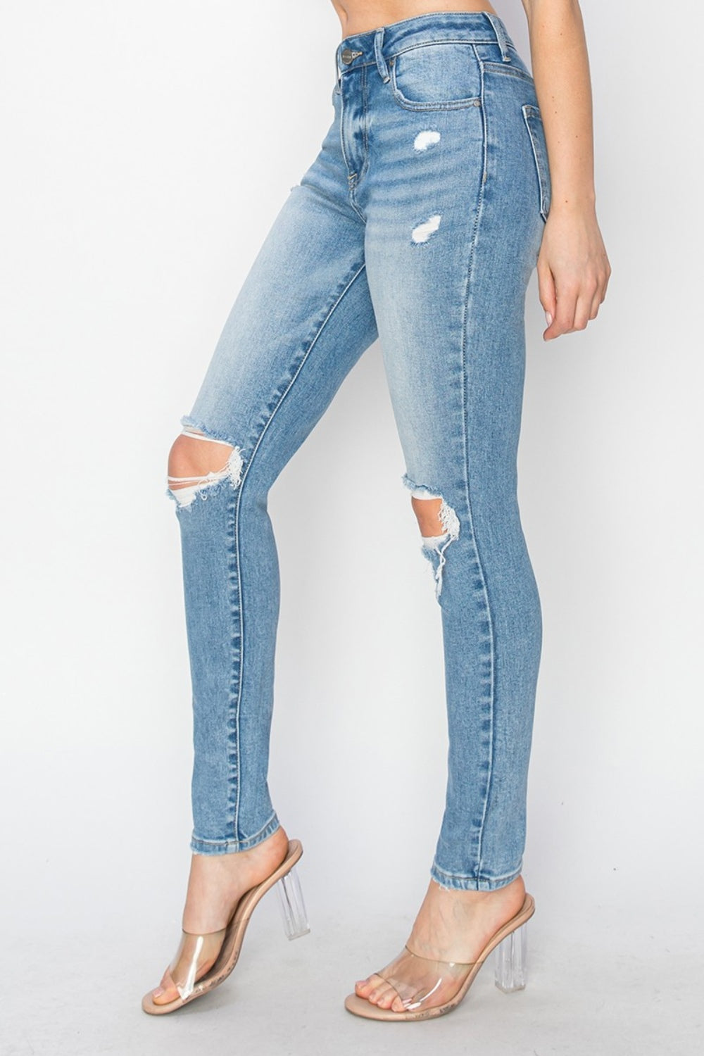 Light Blue-High Rise Knee Distressed Skinny Jeans