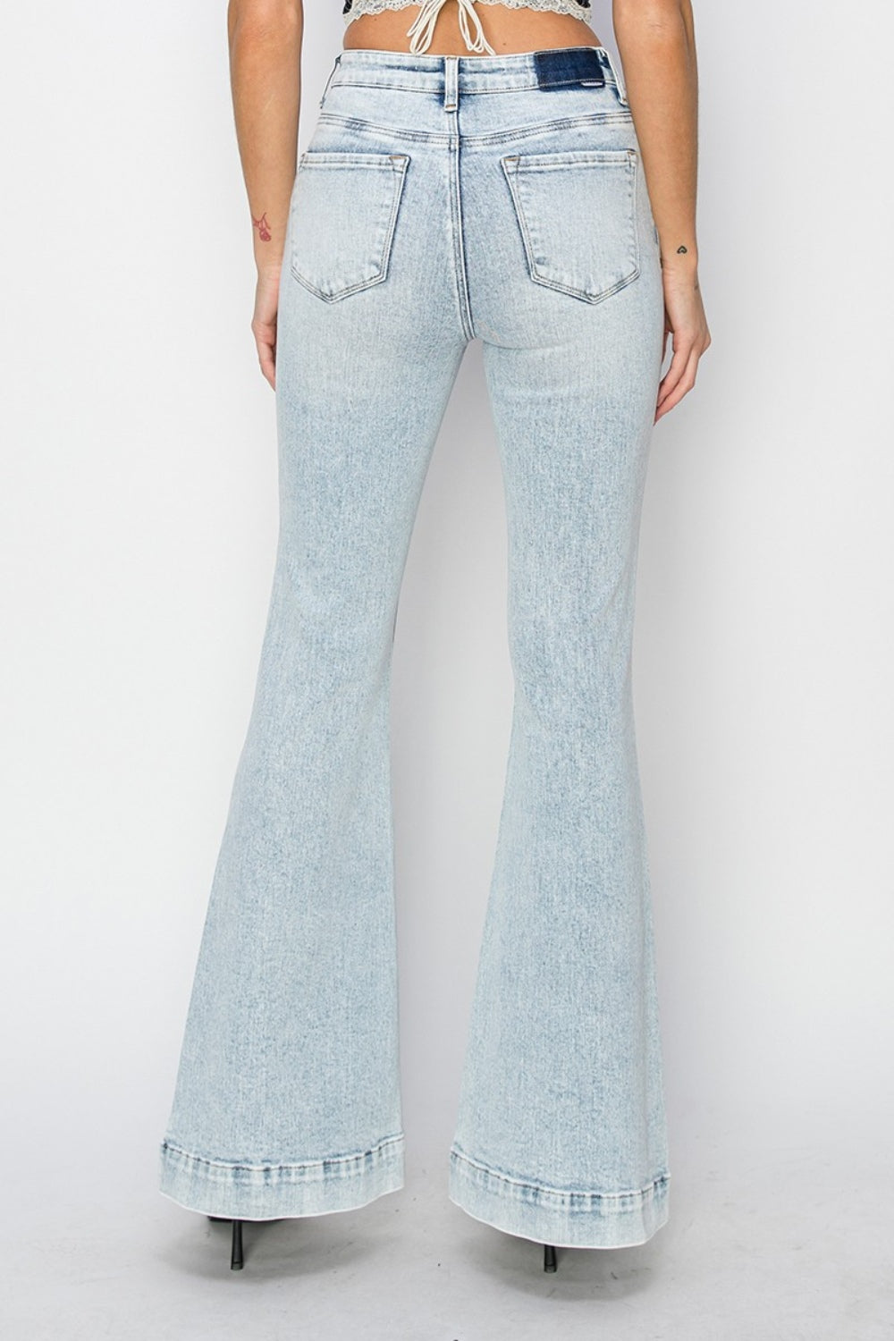 Light Washed- High Rise Front Patch Pocket Flare Jeans