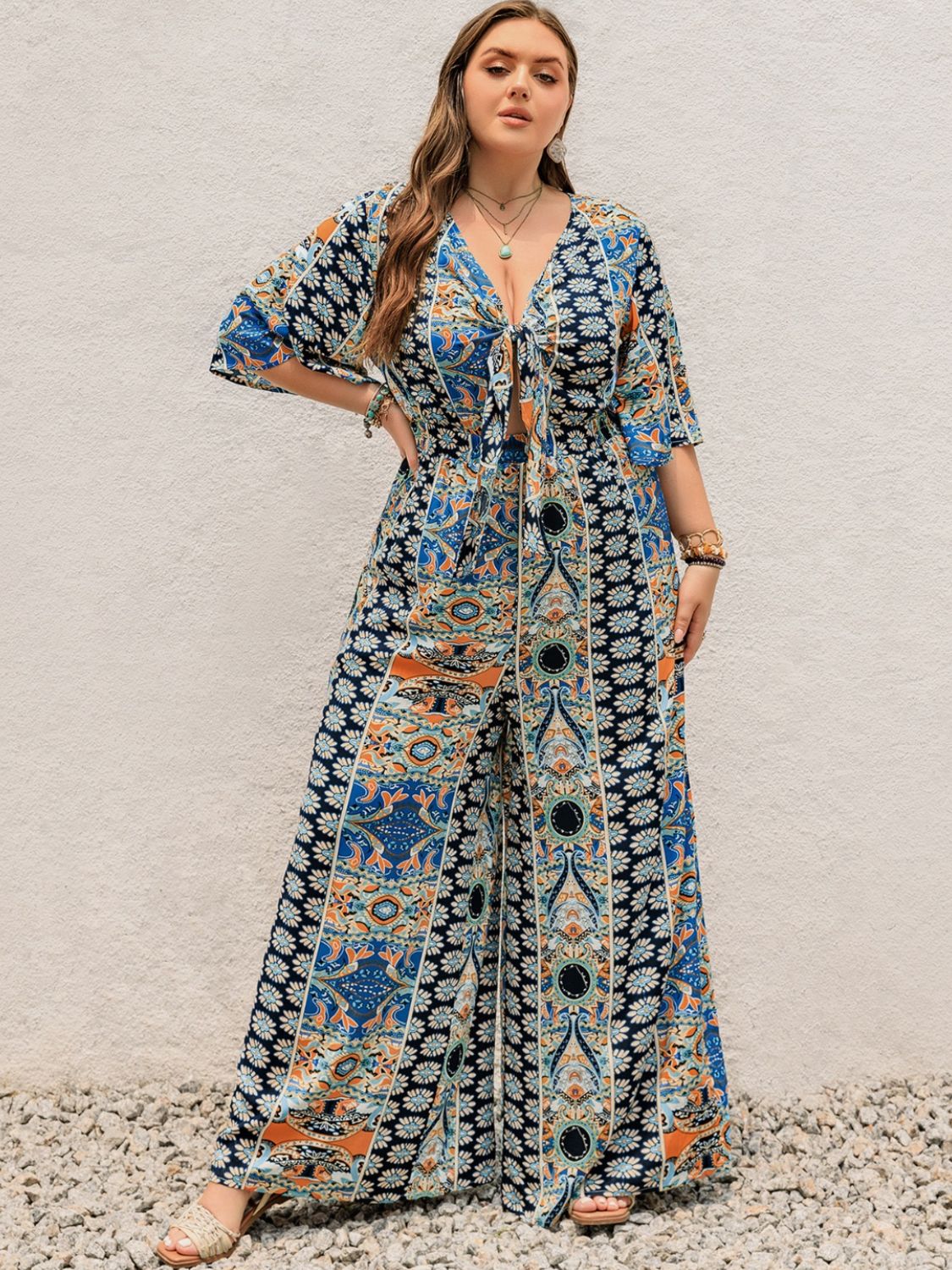 Morrocan Print Half Sleeve Wide Leg Jumpsuit