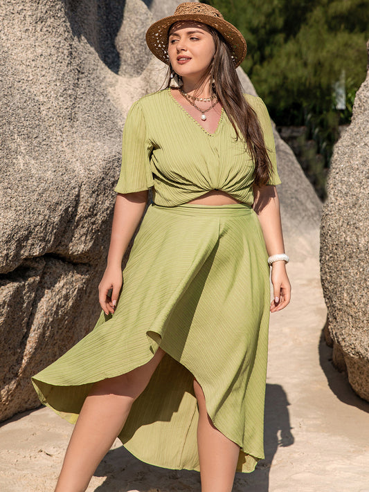 Olive Green-Neck Half Sleeve Top and High-Low Skirt Set