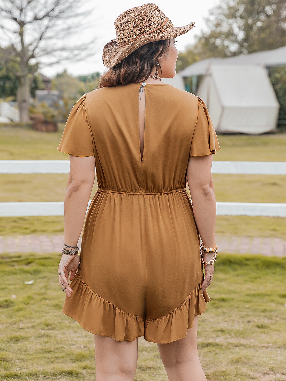 Bronze Ruffled V-Neck Short Sleeve Romper