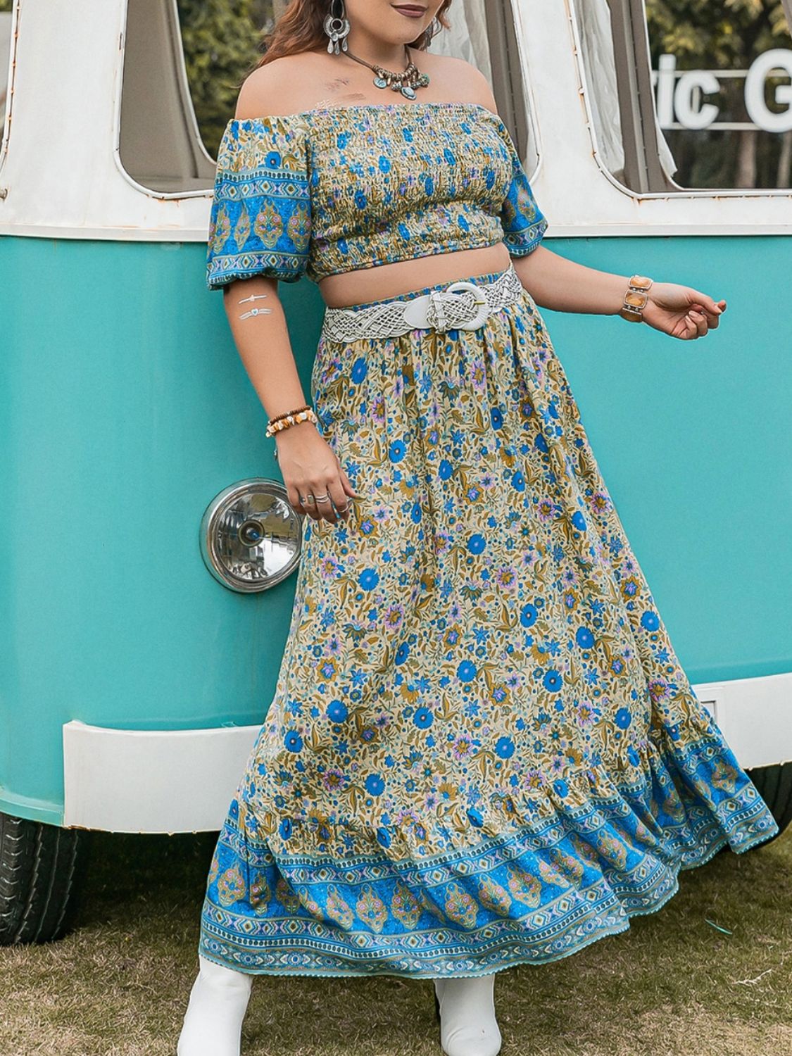 Blue Lily- Smocked Off Shoulder Top and Skirt Set