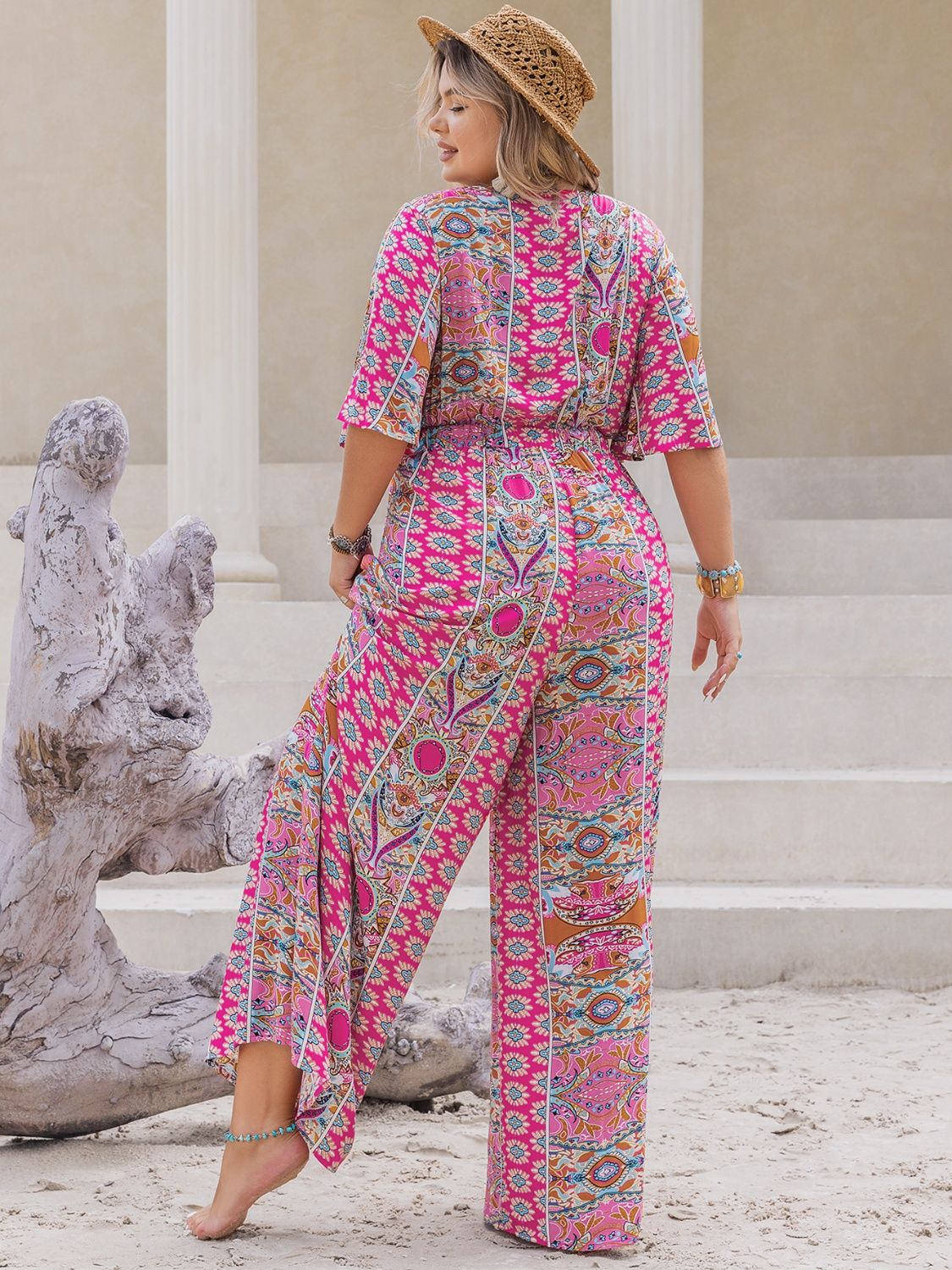 Morrocan Print Half Sleeve Wide Leg Jumpsuit