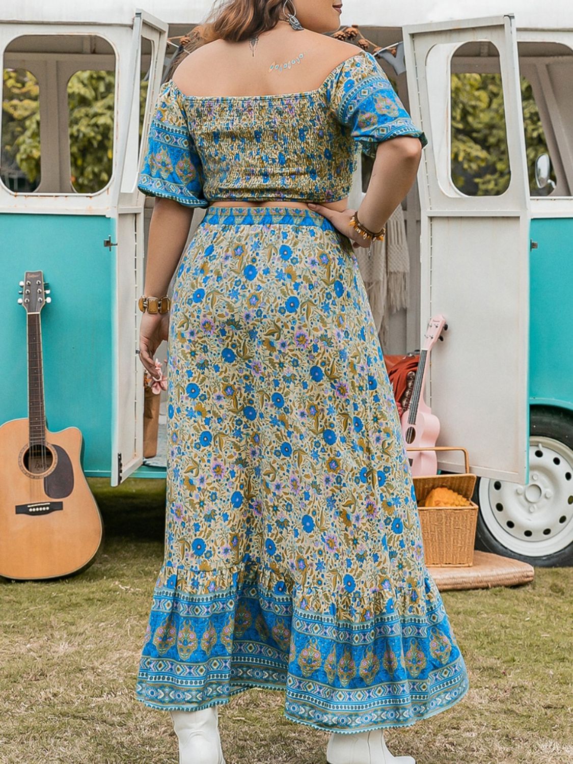 Blue Lily- Smocked Off Shoulder Top and Skirt Set