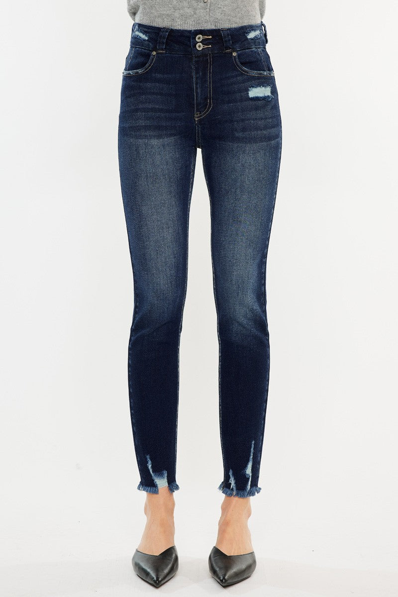 Deep Blue-Cat's Whiskers Raw Hem High Waist Jeans