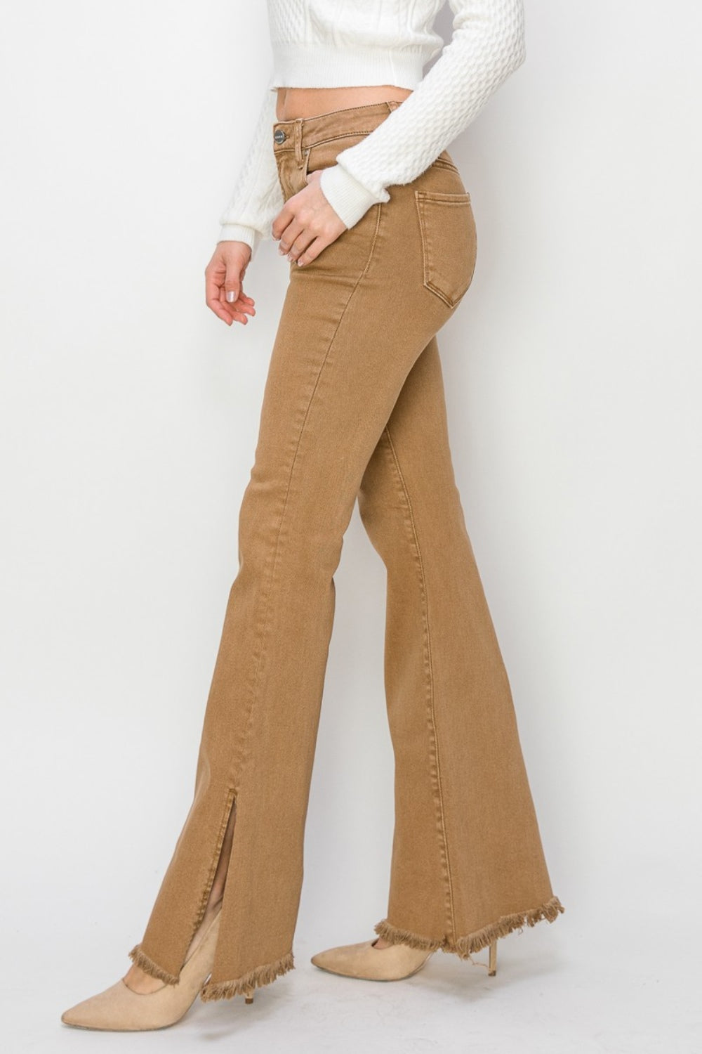 Tan High Waist- Side Slit Flare Jeans