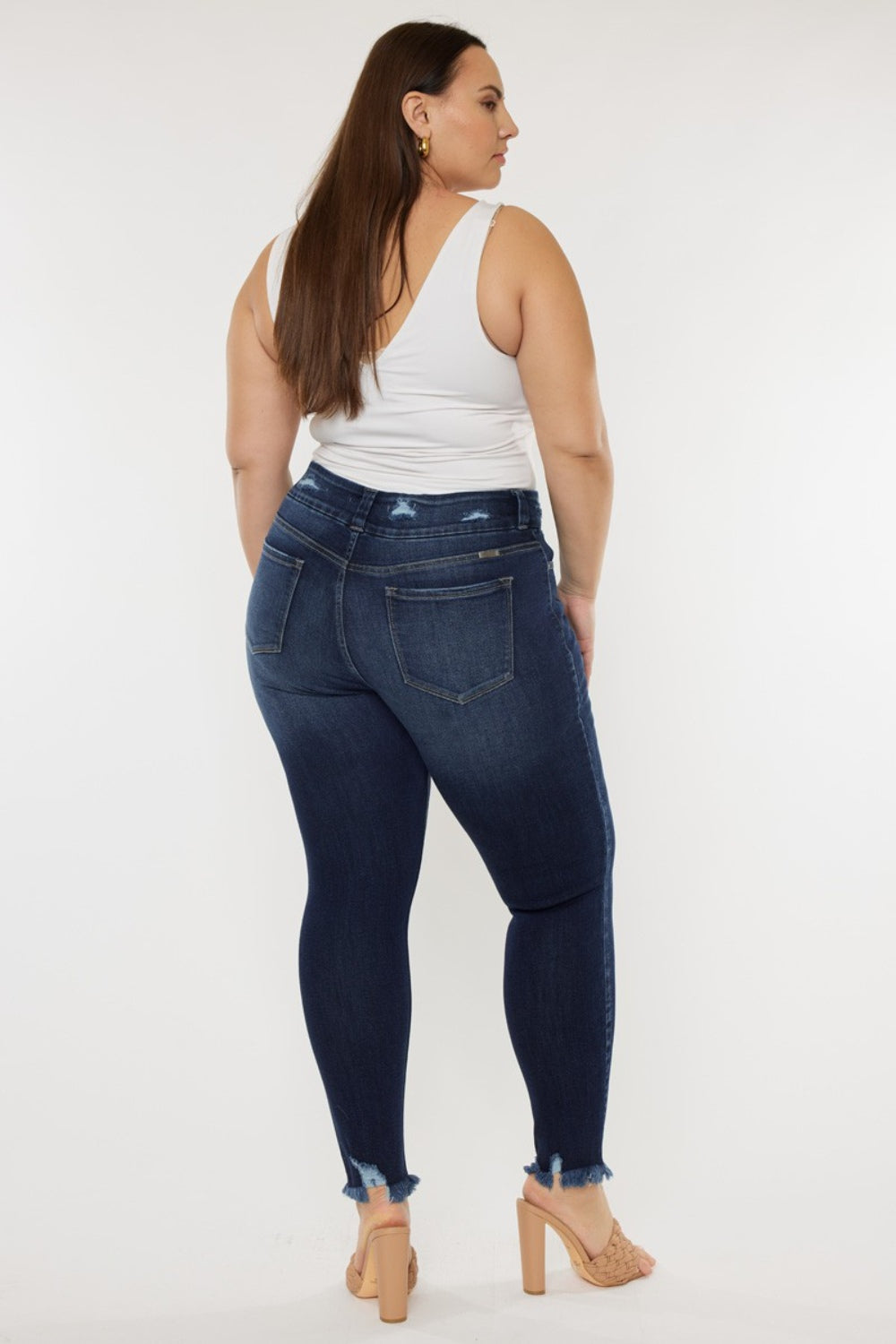 Deep Blue-Cat's Whiskers Raw Hem High Waist Jeans