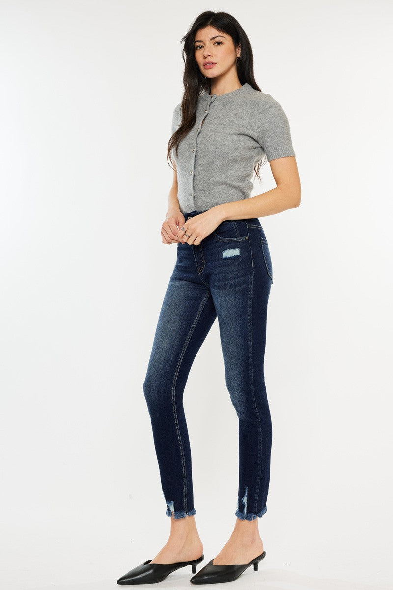 Deep Blue-Cat's Whiskers Raw Hem High Waist Jeans