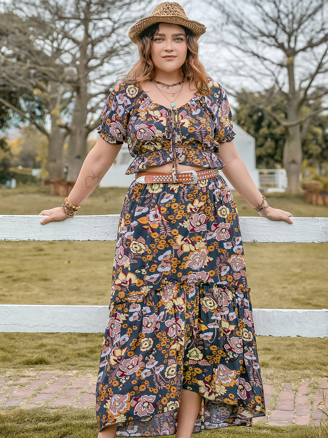 Autumn to Spring-Tie Neck Short Sleeve Top and Skirt Set