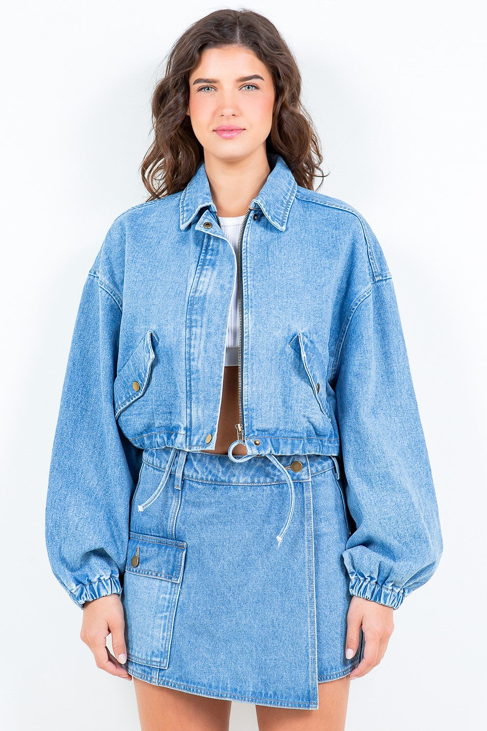 Drawstring Waist Crop- Denim Jacket