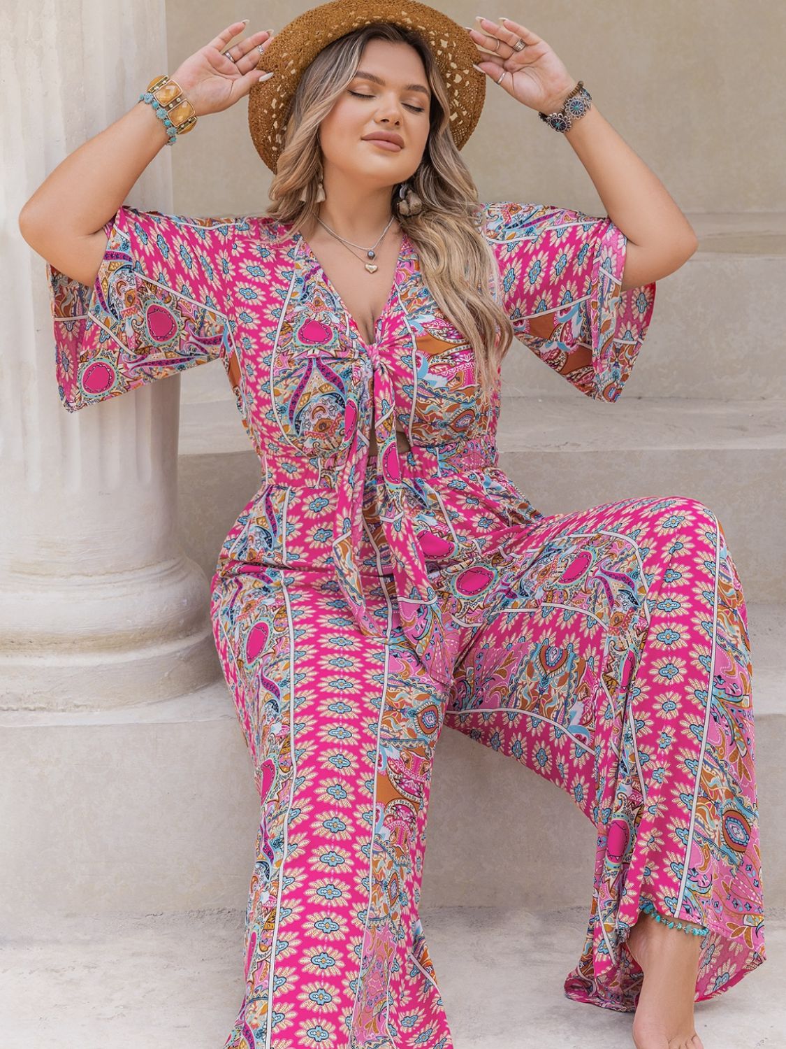 Morrocan Print Half Sleeve Wide Leg Jumpsuit