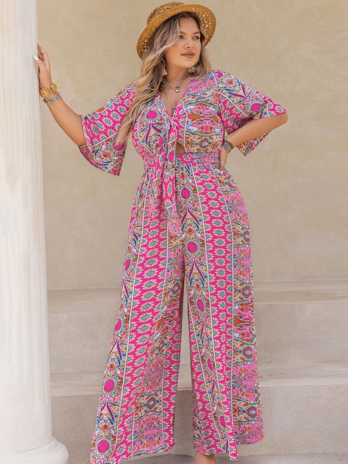 Morrocan Print Half Sleeve Wide Leg Jumpsuit