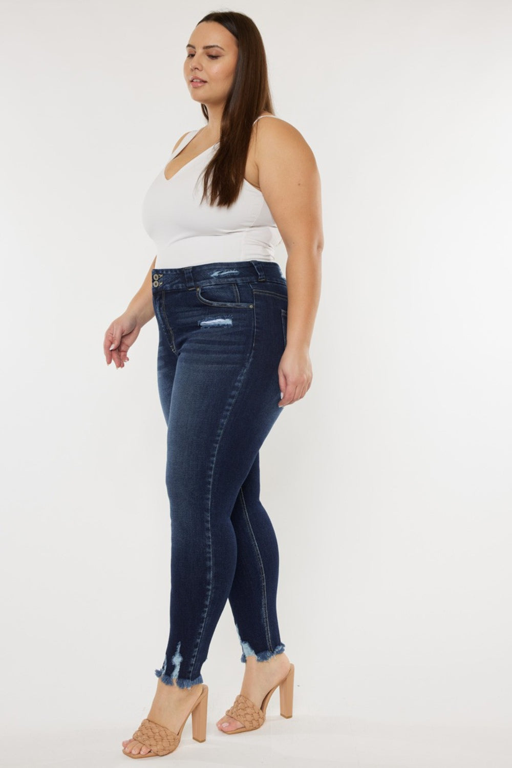 Deep Blue-Cat's Whiskers Raw Hem High Waist Jeans