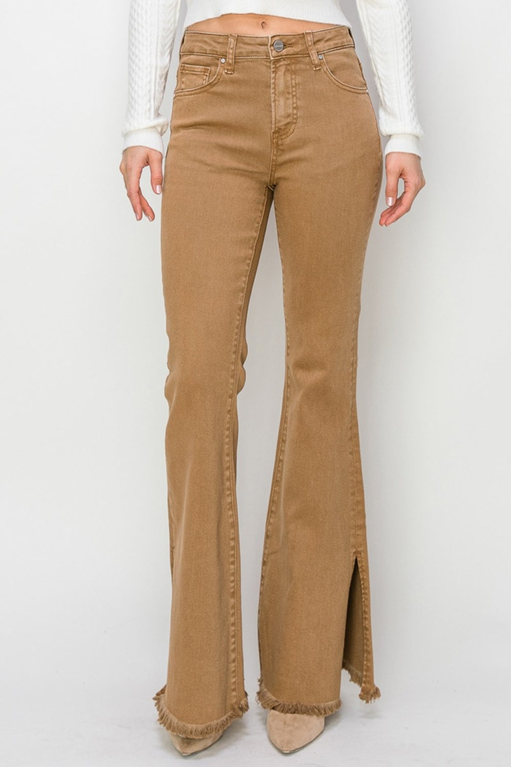 Tan High Waist- Side Slit Flare Jeans