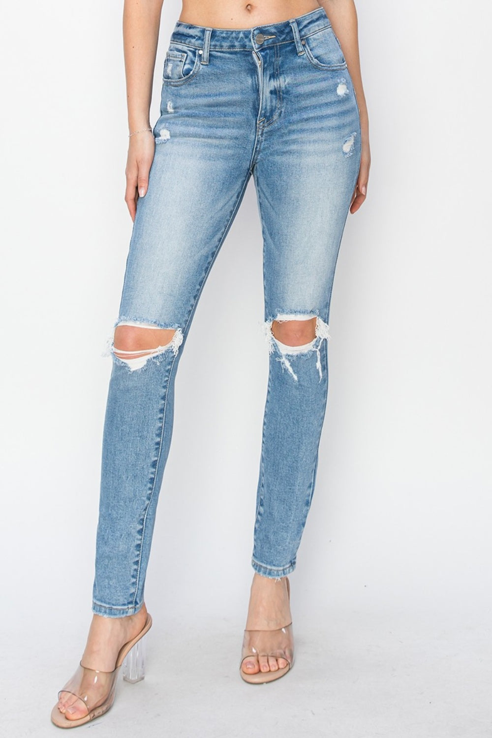 Light Blue-High Rise Knee Distressed Skinny Jeans