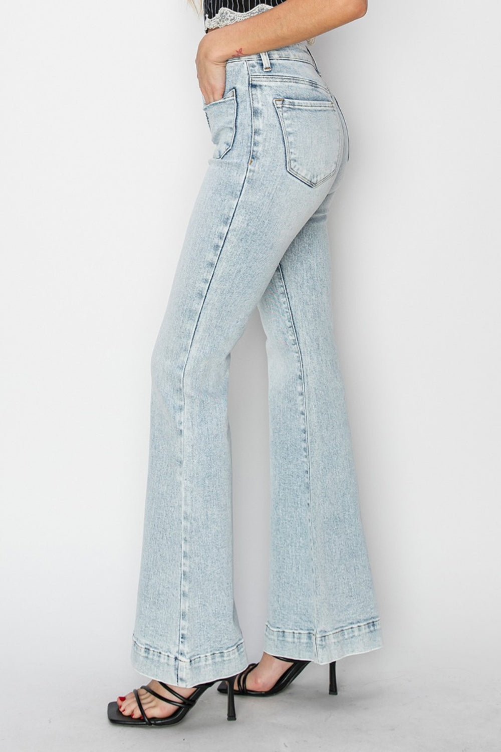 Light Washed- High Rise Front Patch Pocket Flare Jeans