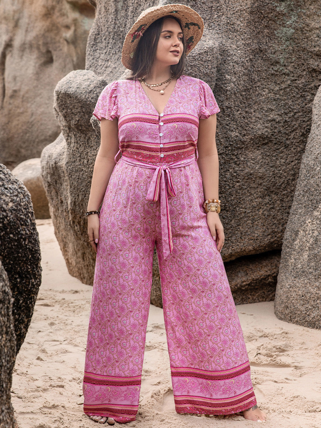 Spring Pink- V Neck Cap Sleeve Wide Leg Jumpsuit