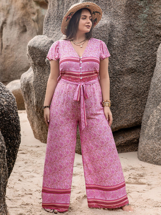 Spring Pink- V Neck Cap Sleeve Wide Leg Jumpsuit