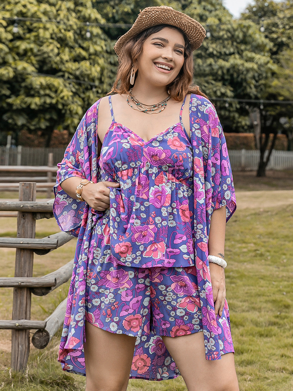 Purple Tulip- Printed Cami, Open Front Cover Up and Shorts Set