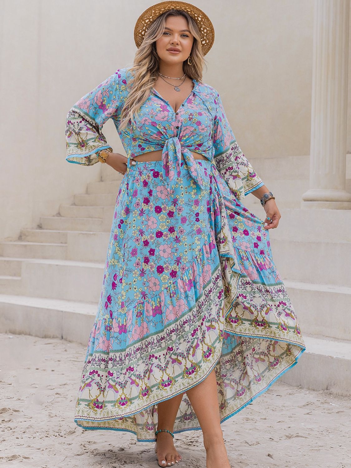 Island Breeze- Printed Tie Neck Top and Skirt Set