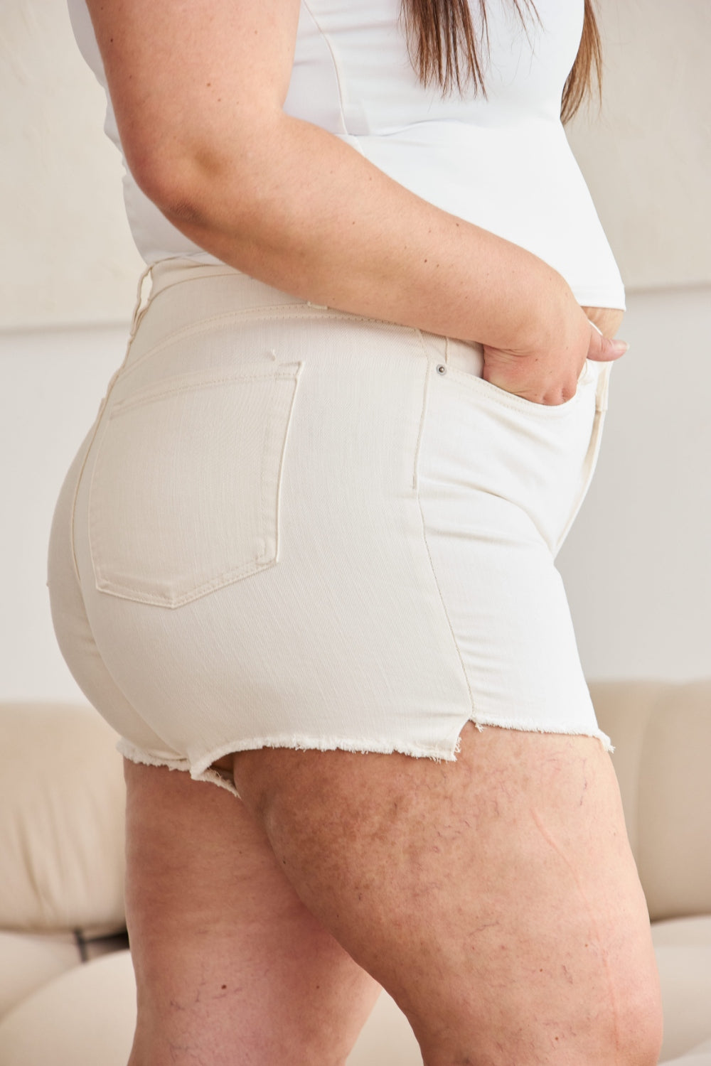 Cream-Tummy Control High Waist Denim Shorts