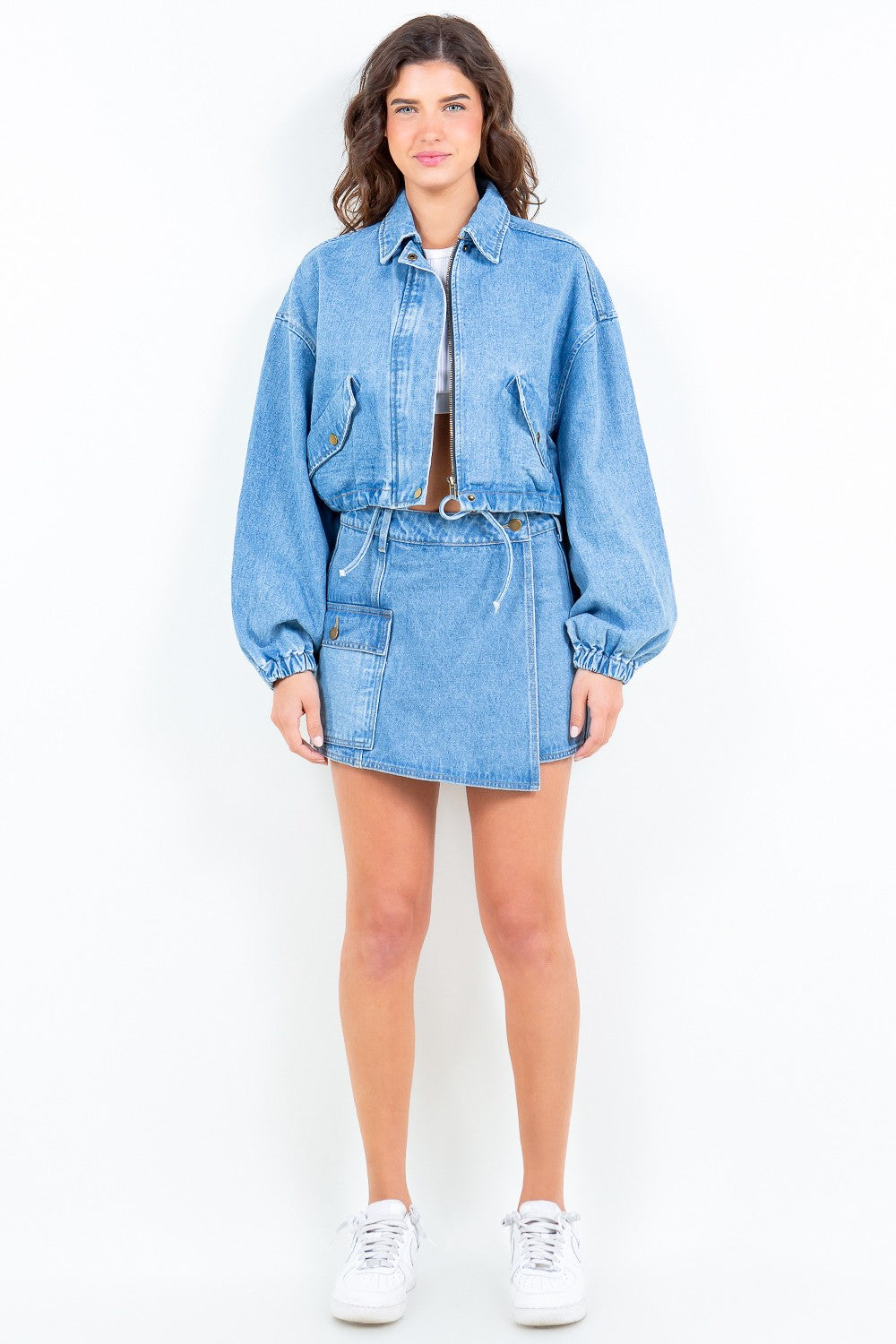 Drawstring Waist Crop- Denim Jacket