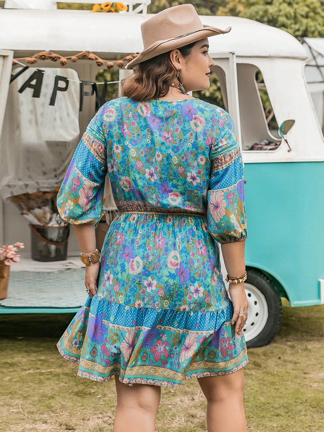 Turquoise Floral- Printed Tie Neck Mini Dress