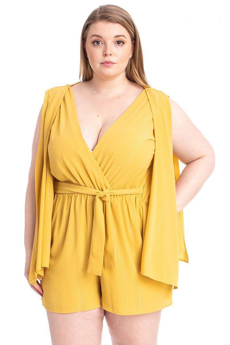 Honey Yellow-Draped Open Sleeve Romper