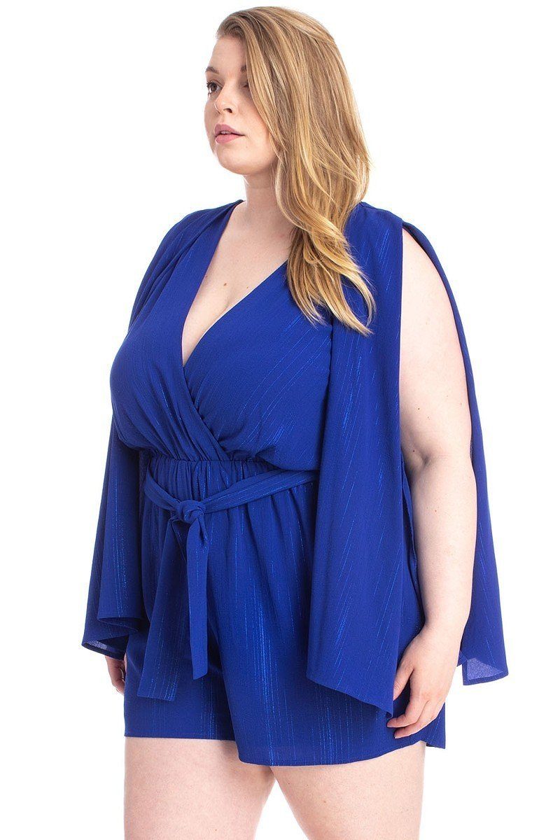 Royal Blue-Draped Open Sleeve Romper