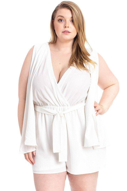 White Shimmer- Draped Open Sleeve Romper