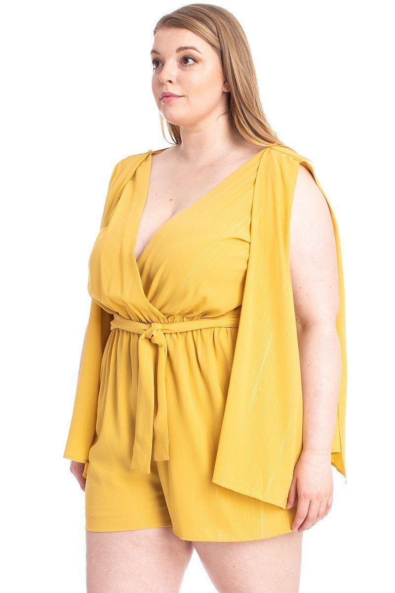 Honey Yellow-Draped Open Sleeve Romper