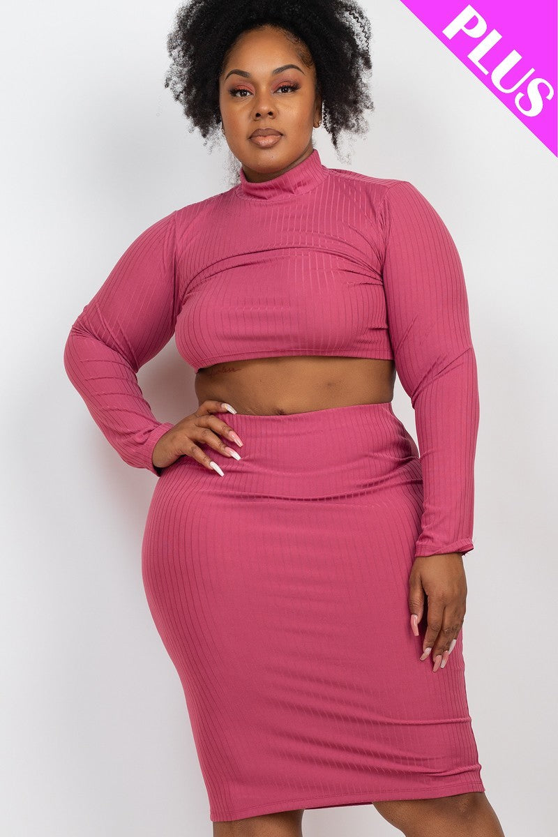 Raspberry Pink-Ribbed Mock Neck Crop Top & Midi Skirt Set