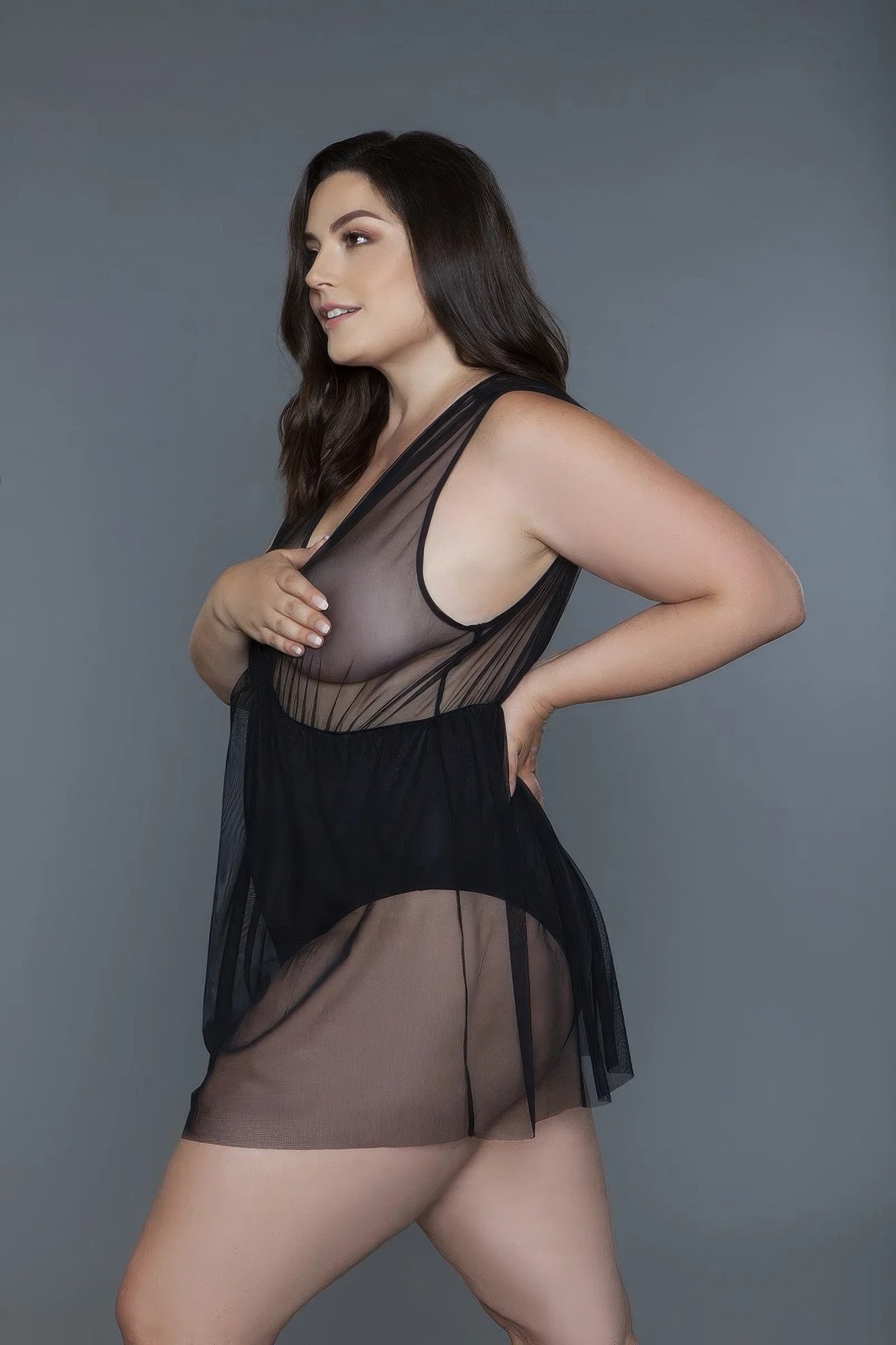 Sultry Black-1 Pc Deep V-neck Mesh Babydoll