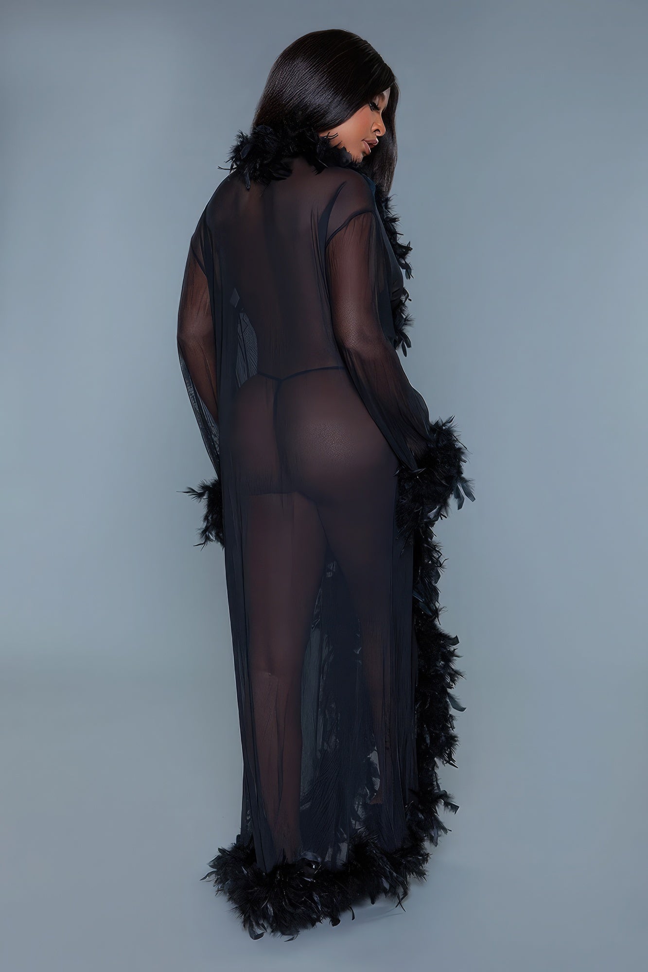 Sultry Black-Sheer Full length Robe With Chandelle Boa Feather Trim