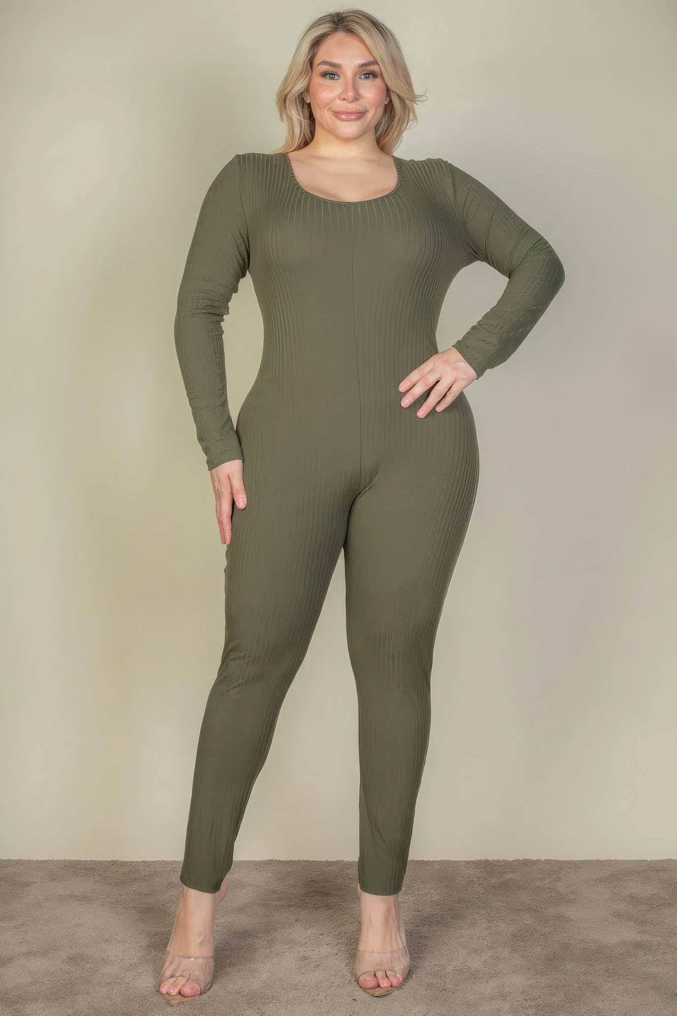 Olive Green-Ribbed Scoop Neck Long Sleeve Jumpsuit