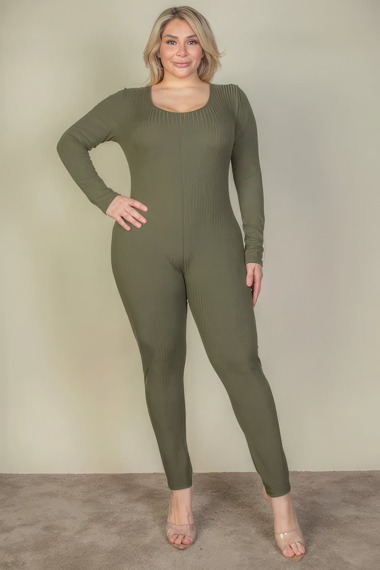 Olive Green-Ribbed Scoop Neck Long Sleeve Jumpsuit