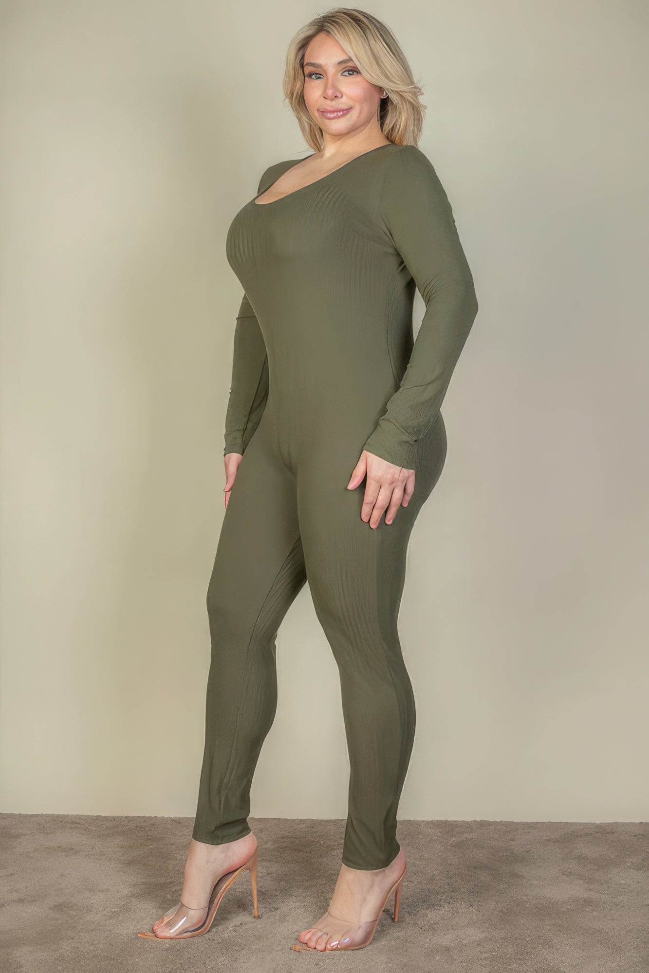 Olive Green-Ribbed Scoop Neck Long Sleeve Jumpsuit