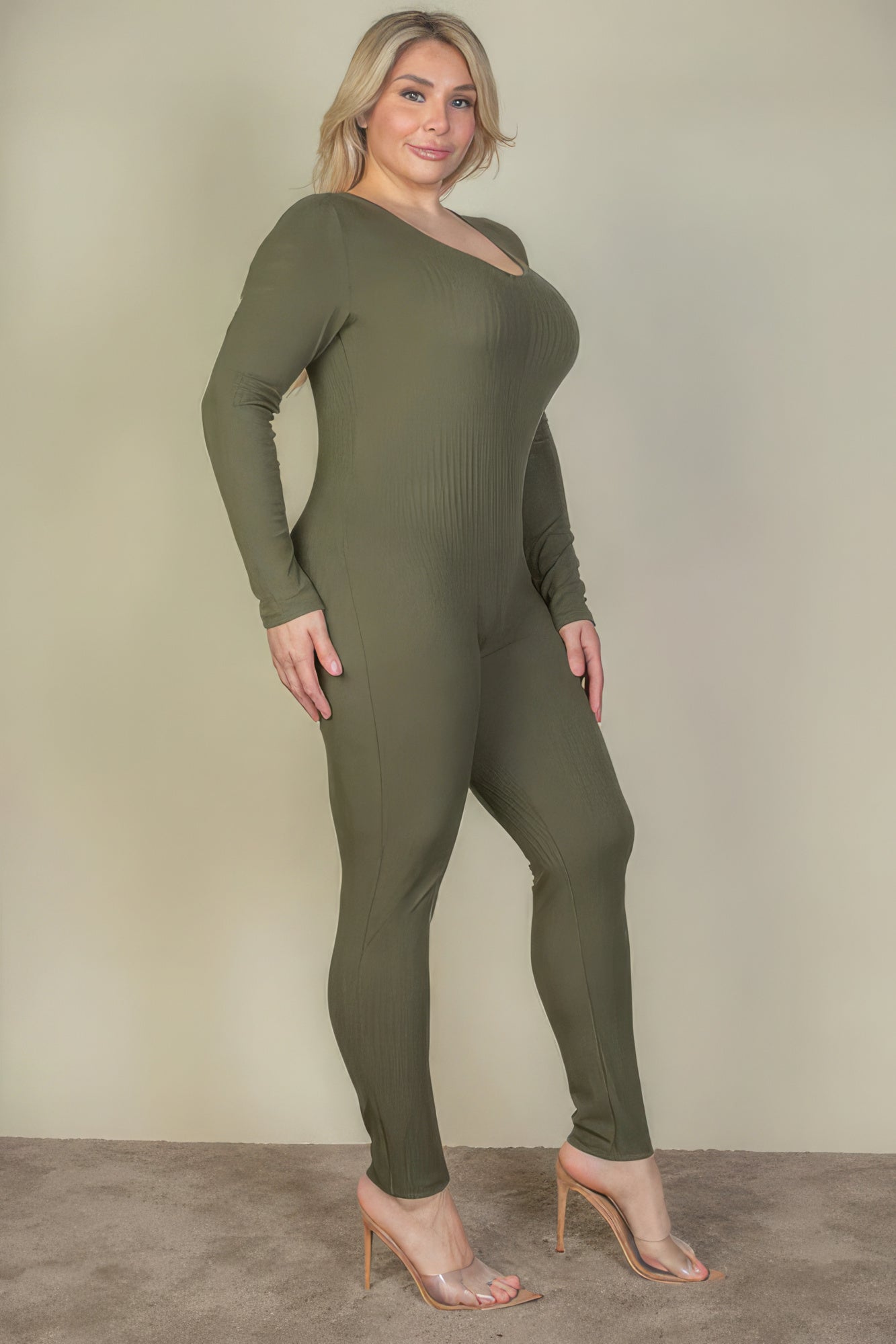 Olive Green-Ribbed Scoop Neck Long Sleeve Jumpsuit