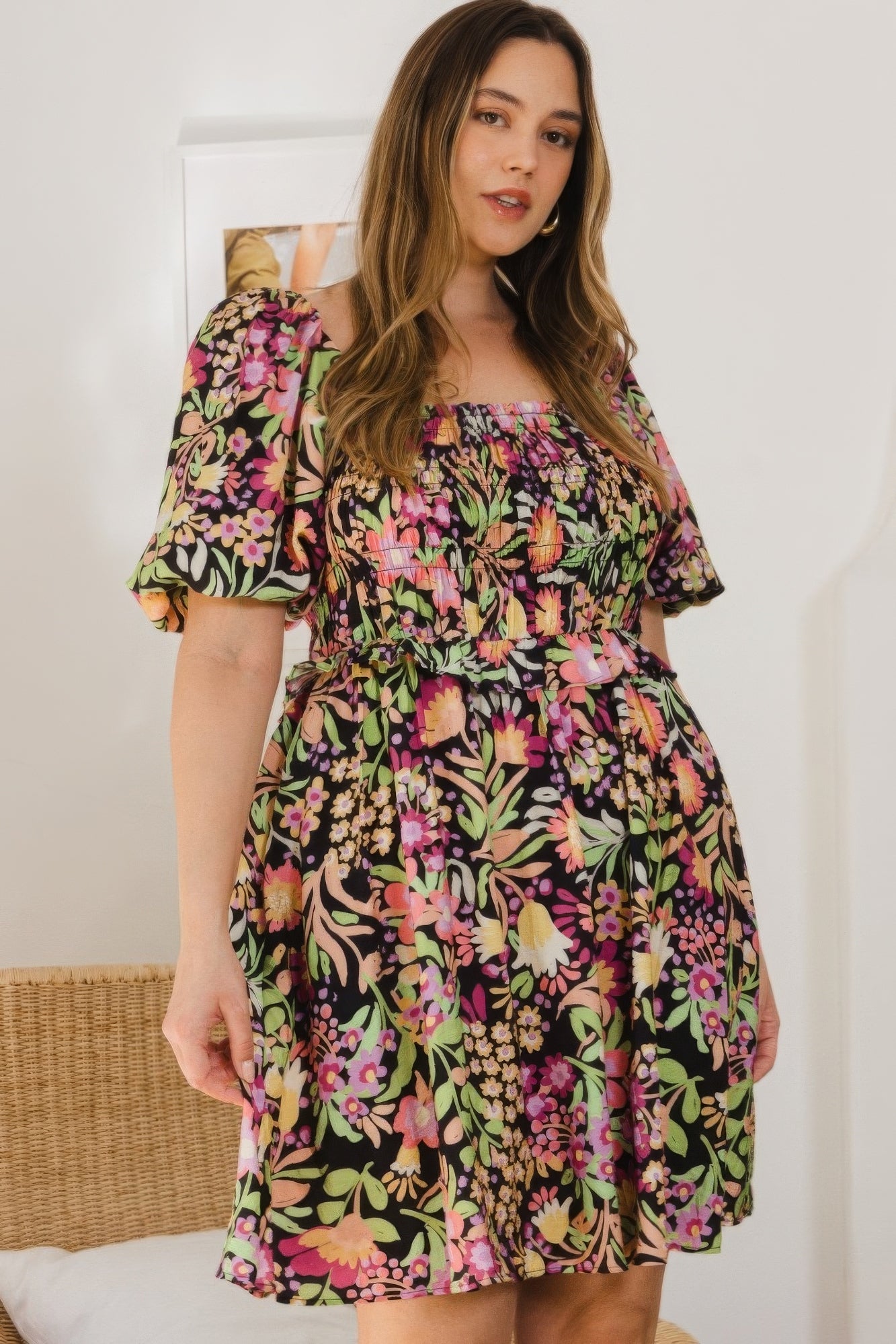 Floral Printed Center Tie-back Mini Dress