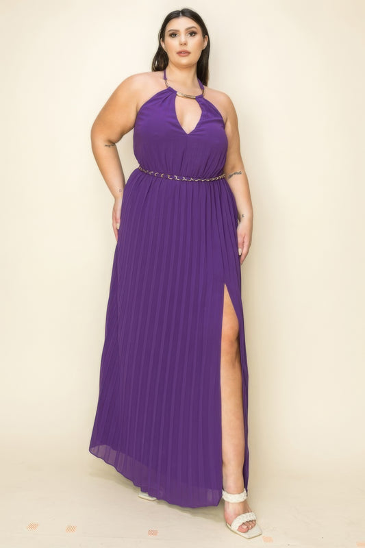 Midnight Purple-Chiffon Pleated Gold Trim Neck & Belt Cut Out Chest Maxi Dress