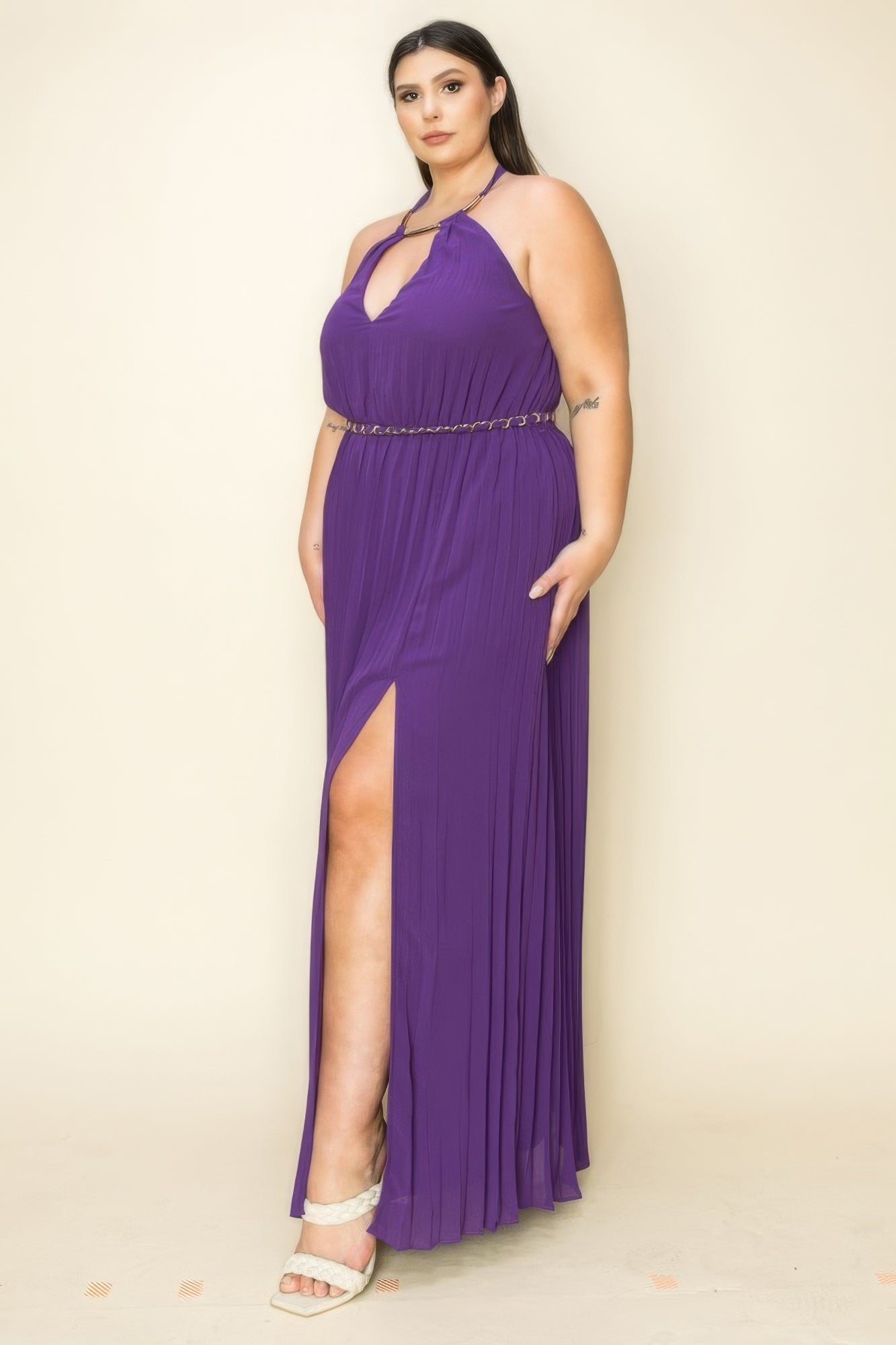 Midnight Purple-Chiffon Pleated Gold Trim Neck & Belt Cut Out Chest Maxi Dress