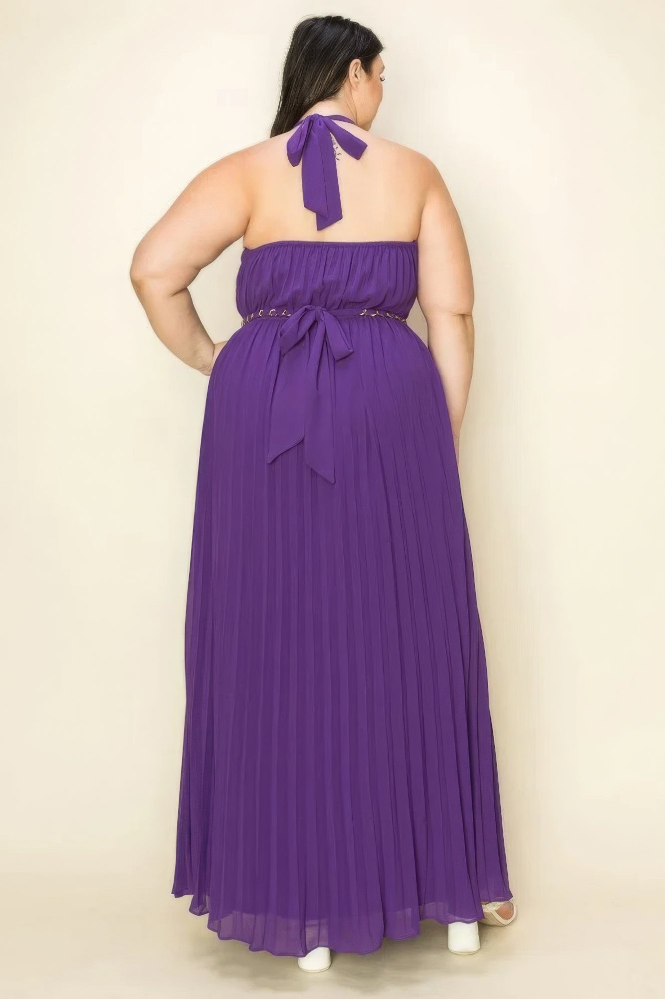 Midnight Purple-Chiffon Pleated Gold Trim Neck & Belt Cut Out Chest Maxi Dress