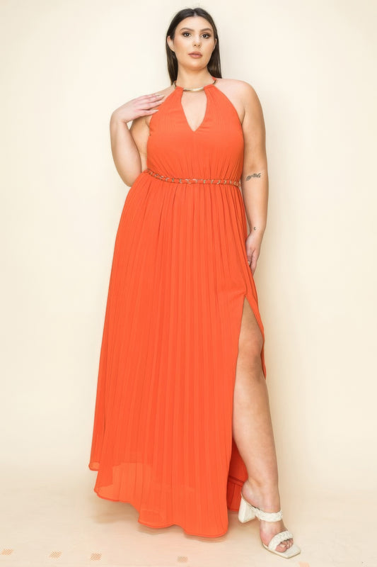 Sunset Orange-Chiffon Pleated Gold Trim Neck & Belt Cut Out Chest Maxi Dress