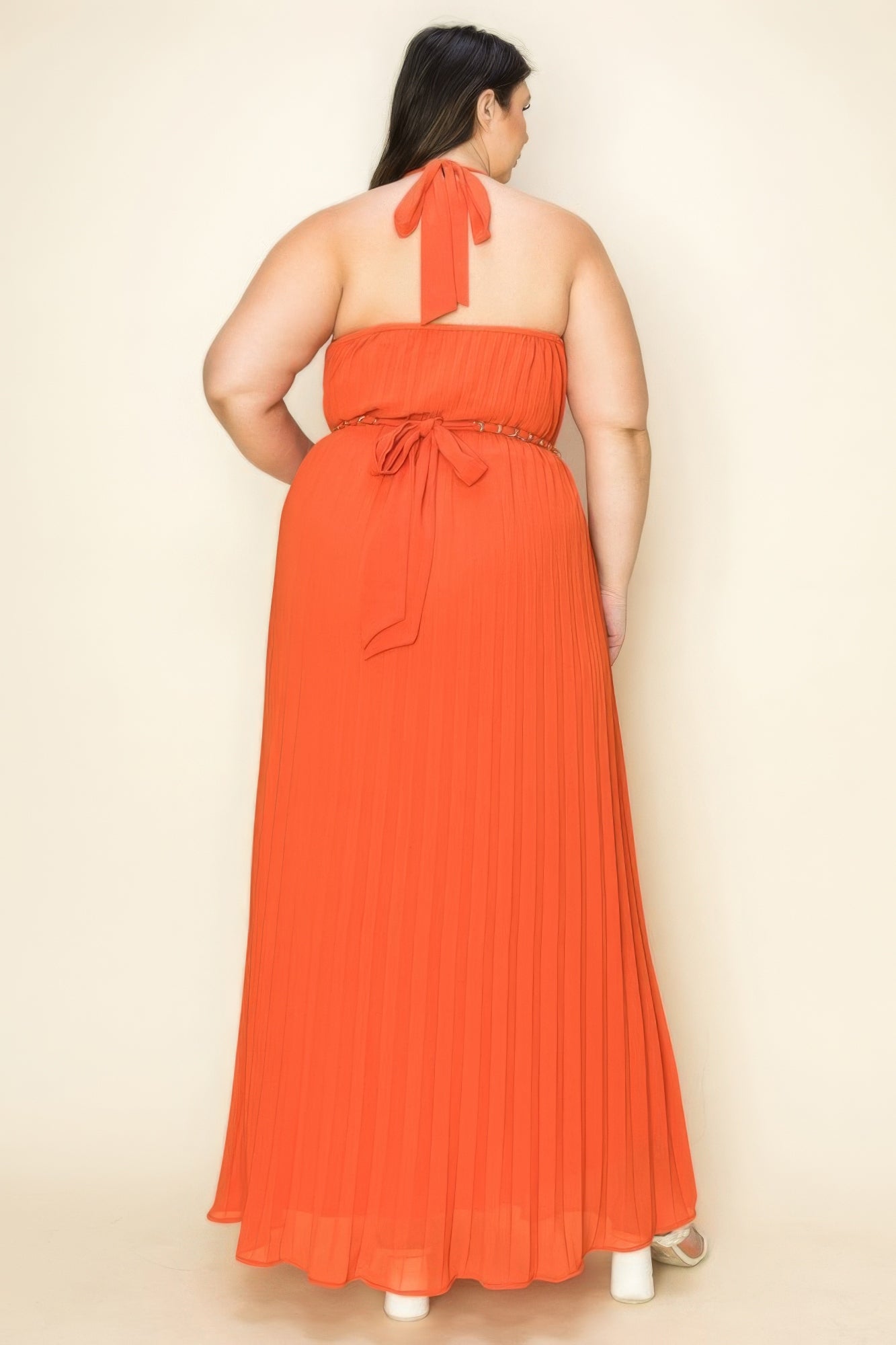 Sunset Orange-Chiffon Pleated Gold Trim Neck & Belt Cut Out Chest Maxi Dress