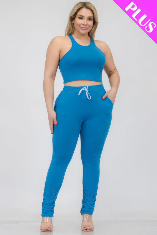 Sky Blue-Crop Tank Top & Ruched Pants Set